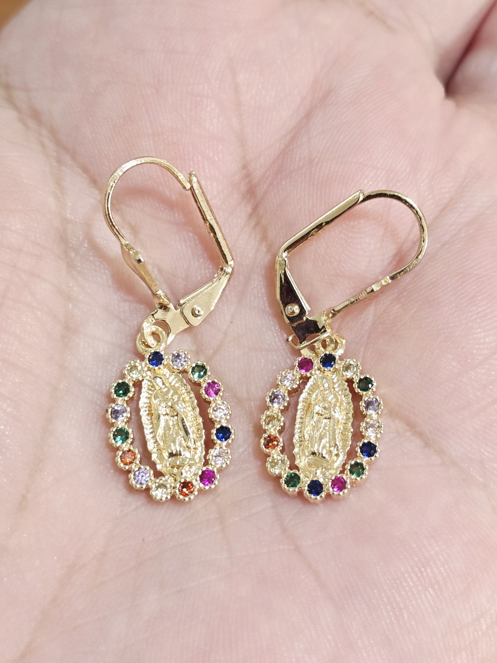 18k Gold Plated Virgin Mary Drop Earrings with Multicolor Stones